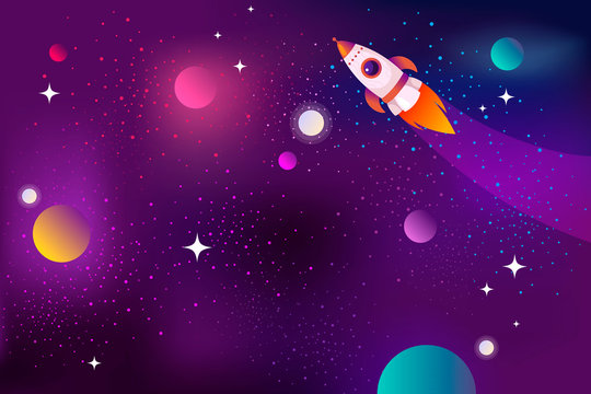 Horizontal space background with with flying rocket and planets. Web design. Space exploring. Vector illustration. Gradient design.