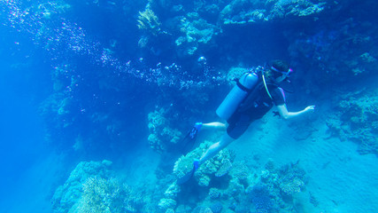 Naklejka na ściany i meble Diving with air balloon in the red sea. Instructor. Girl and coral reefs. Traveling lifestyle. Water sports. Beach holidays.