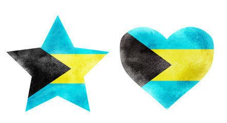 Watercolor star and heart flag background on white. Set. Bahamas 