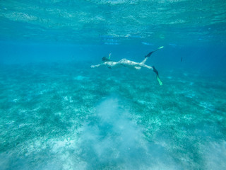 Diving in the red sea. Sexy girl in bikini and mask. Snorkeling. Traveling lifestyle. Water sports. Beach holidays.