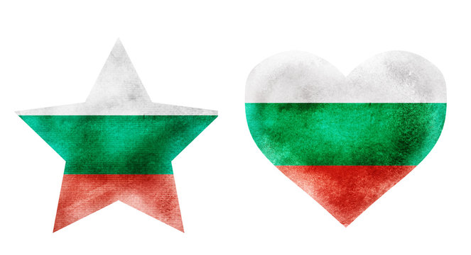 Watercolor star and heart flag background on white. Set. Bulgaria