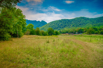 Fototapeta premium Field with green grass on the background of mountains. Republic Of Adygea, Russia.