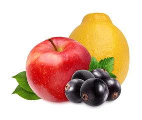 lemon, black currant and red Apple isolated on white background.