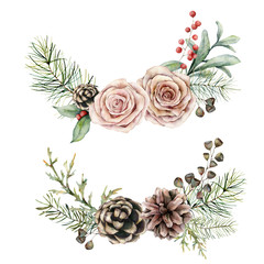 Watercolor roses, pine cone and branch set. Hand painted floral composition. Vintage flowers, seeds and red berries isolated on white background. Botanical illustration for design, print, background.