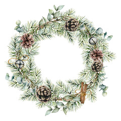 Watercolor Christmas wreath with pine cones decor. Hand painted card with bells, cinnamon, eucalyptus and pine branches isolated on white background. Floral illustration for design or print. © yuliya_derbisheva
