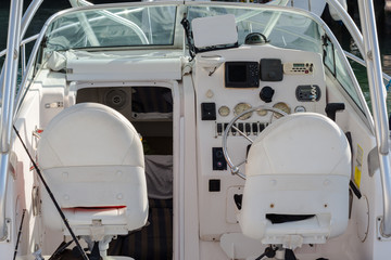 Interior of motor boat with driving place