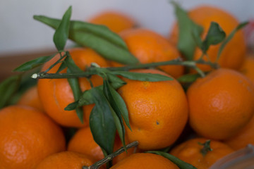 tangerines with leaves on wooden background