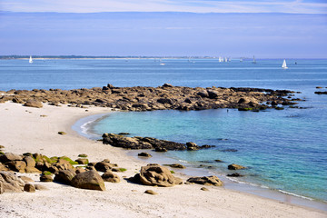 Beach of Beg Meil, a French peninsula, surrounded to the east by the bay of La Forêt and to the...