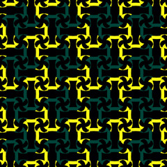 Bright seamless pattern with geometric elements on a black background.