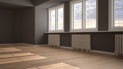 Empty room interior design, open space with three big panoramic windows on sunset sunrise sky, parquet wooden floor, radiator, decorated geometric ceiling, classic architecture idea