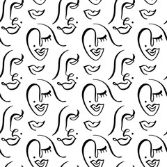 Beautiful woman face. Vector Hand drawn seamless pattern of crowd of different women