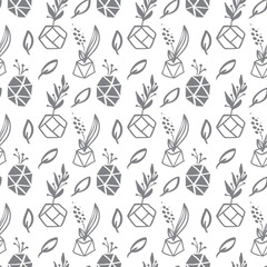 Seamless repeating pattern with triangle shapes and succulent plant pots. Cute and modern Scandinavian style illustration, perfect for wall art, wrapping paper