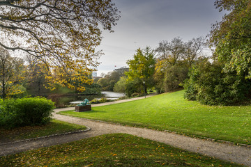 Fototapeta na wymiar Ørstedsparken during autumn—a public park in central Copenhagen, Denmark.