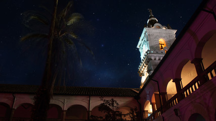 View of the inner courtyard of the Church and Monastery of San Francisco at night. It is a 16th-century Roman Catholic complex