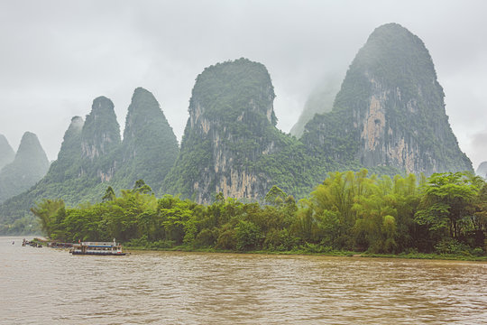 Steep hills overlooking Xingpingzhen fishing village in the vicinity of Yangshuo near Guilin