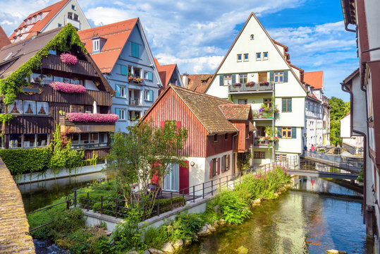 Ulm cityscape, Germany. Vintage houses in old town of Ulm. Scenic view of historical Fisherman`s Quarter in summer. 