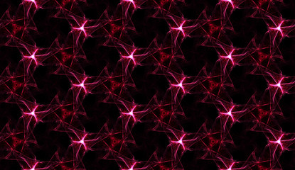 Alien seamless background. Abstract ornament of fractal glowing elements in red tones.