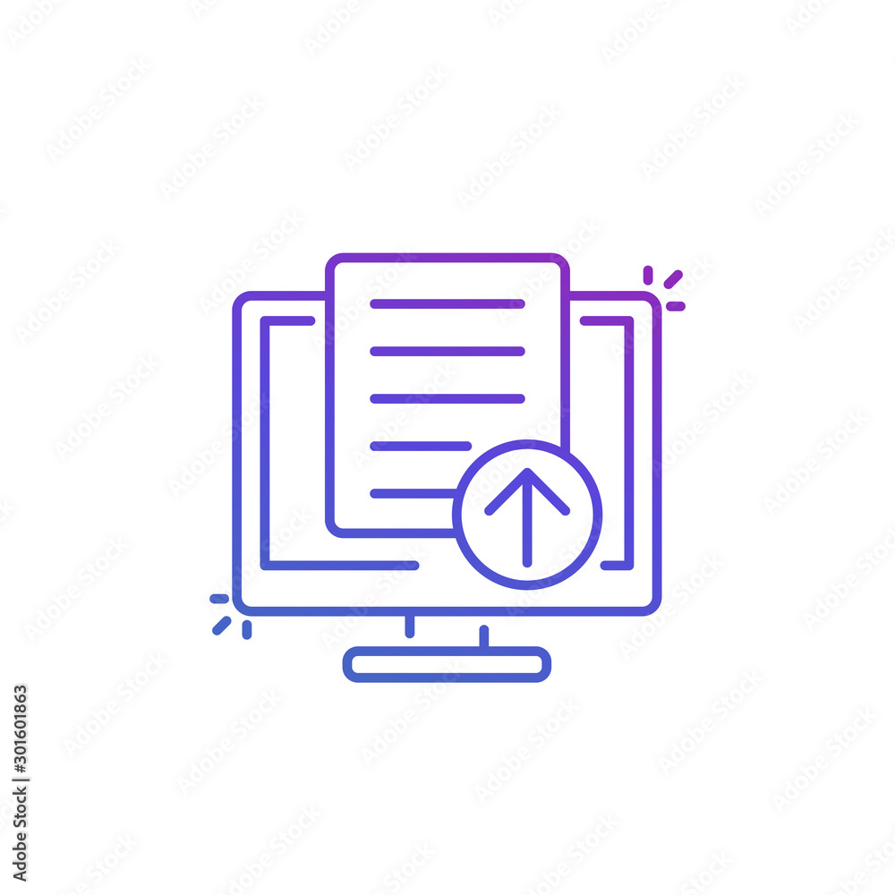 Poster upload document, file via computer icon, line
