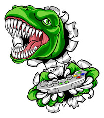 Obraz premium A dinosaur T Rex or raptor gamer player cartoon animal sports mascot holding a video game controller in its claw