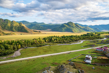 Autumn in a mountain valley. Russia, mountain Altai, Ongudai district, Karakol river valley, Bichiktu-Boom village