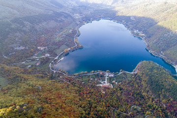 Aerial view of the wonderful heart-shaped Lake Scanno. a beautiful landscape seen by the drone