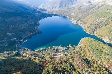 Aerial view of the wonderful heart-shaped Lake Scanno. a beautiful landscape seen by the drone
