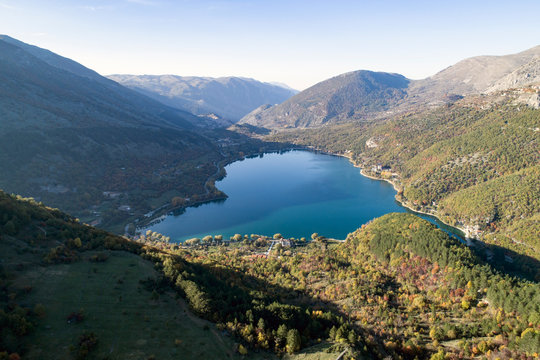 Aerial view of the wonderful heart-shaped Lake Scanno. a beautiful landscape seen by the drone