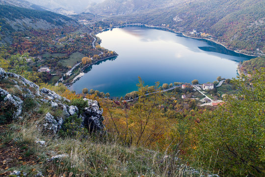 Aerial view of the wonderful heart-shaped Lake Scanno. a beautiful landscape seen by the drone