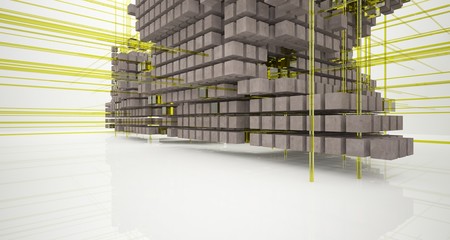 Abstract architectural concrete  interior  from an array of cubes with large windows. 3D illustration and rendering.