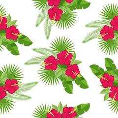 Fototapeten seamless tropical leaves and flowers - monstera and hibiscus. vector pattern © alla72