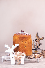 Italian sweet dessert panettone. rich Italian bread made with eggs, fruit, and butter and typically eaten at Christmas. copy space