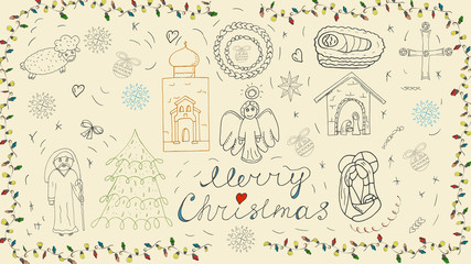 Orthodox Christmas new year outline icon set for decoration design festive illustrations in the style of childrens Doodle background isolated