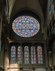 detail of a stained glass window of the Notre Dame de Dijon church in Dijon