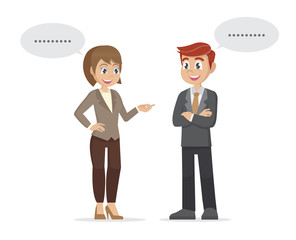 Cartoon character Poses, Two businessmen and women standing, talking, discussing negotiating.