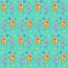 Seamless pattern for the holiday Valentine's Day, cats in love, pink heart, birdies, butterflies. Watercolor hand painted illustration on green background.