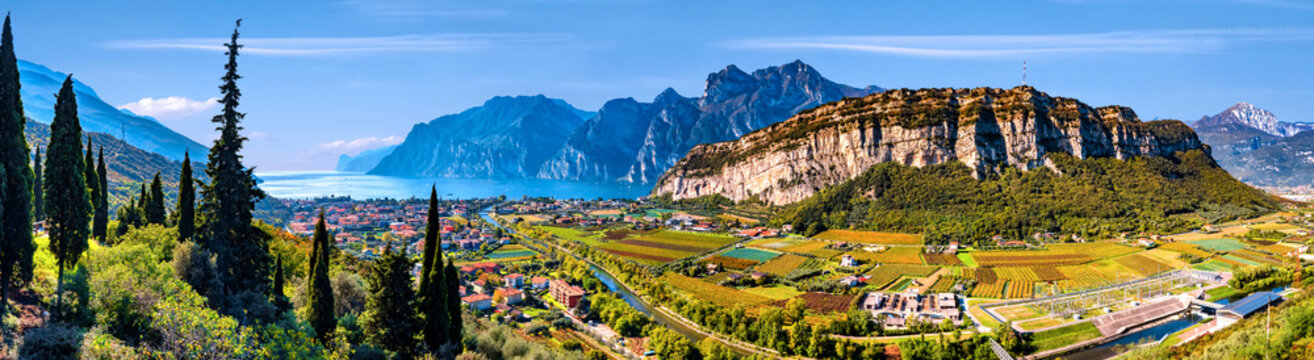 Beautiful aerial view of Torbole, Lake Garda (Lago di Garda) and the mountains, Italy