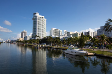 Fototapeta na wymiar Panoramic view of millionaire row in Miami. Located in Collins Ave, Miami Beach, Florida