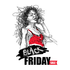 Banner with chaos scribble girl in red tank top with Black Friday sale text isolated on white background.