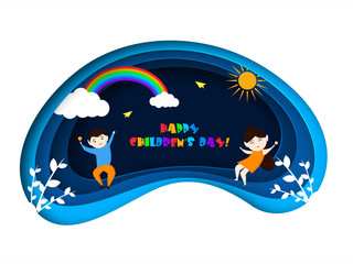 Vector illustration of children's day on paper cut patter background.