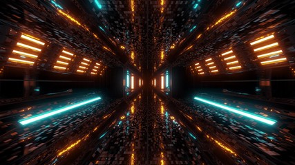 Fototapeta na wymiar futuristic scifi space hangar tunnel corridor 3d illustration with bricks texture and glowing air conditioning background wallpaper