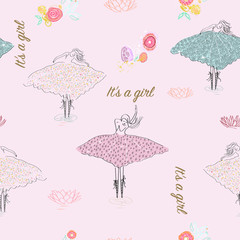 Ballerina symbols, flowers and lotus flowers. It's a girl, newborn baby shower. Hand drawn seamless pattern for fabric design with pink background