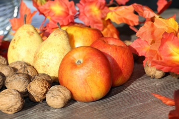 Apples, pears and wal nuts on a rustic wooden table as autumn motif