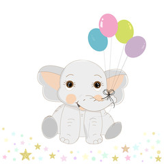 Cute baby elephant with colorful balloon. First birthday greeting card. One. Birthday invitation. Party greeting card. Baby shower, fashion for fabric design