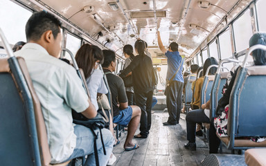 back view on the local economy bus in bangkok Thailand