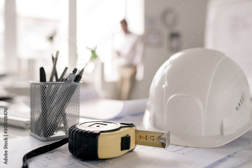 Poster workplace of engineer with hardhat
