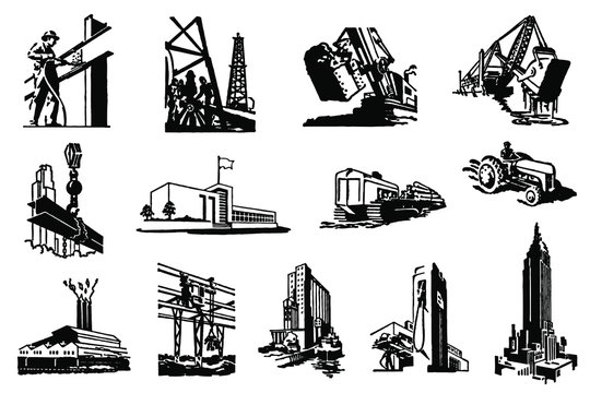 Group of antique or vintage industrial pictogram icons