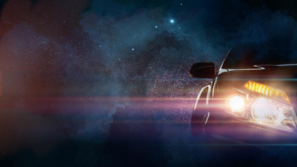 Car of light with galaxy background