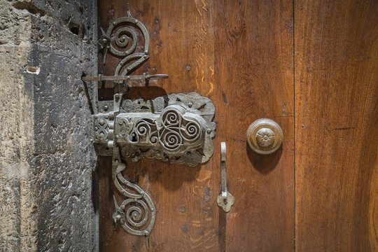 Detail of a historic church door.