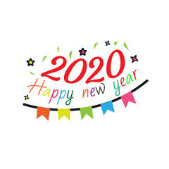 Happy New Year 2020 logo text design. Concept design. Vector modern illustration of gold text. Golden luxury inscription. Christmas background with blur, glare, stars, snowflakes, snow.