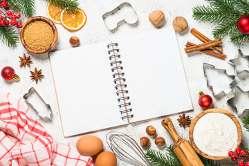 Christmas baking background on white table.